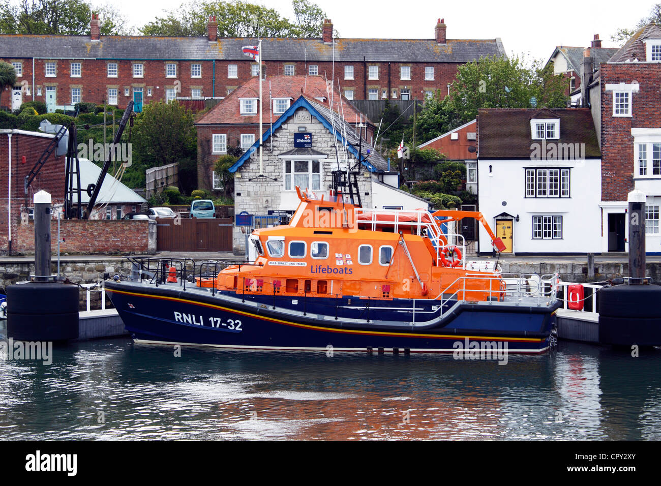 THE WEYMOUTH LIFEBOAT ERNEST AND MABLE MOORED IN WEYMOUTH HARBOUR. DORSET UK. Stock Photo