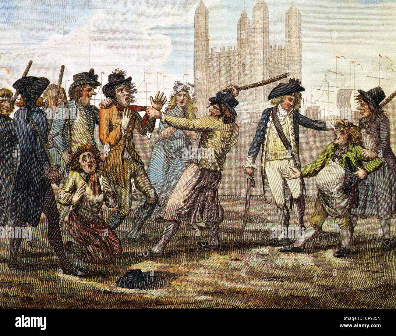 MANNING THE NAVY Coloured engraving of 1790 by Samuel  Collings shows Royal Navy press gang at work on Tower Hill, London Stock Photo