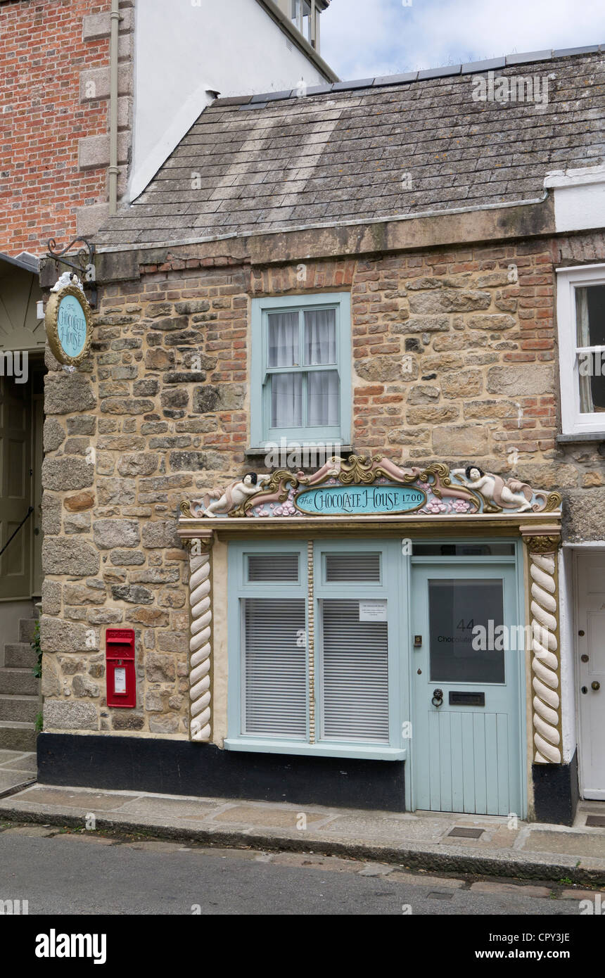 The Chocolate House rococo-style ornate fascia in Chapel Street Penzance Cornwall UK. Stock Photo