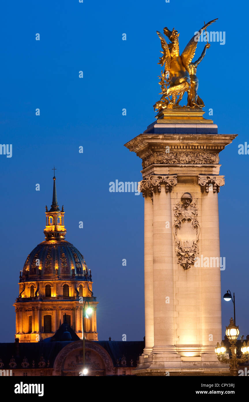 France, Paris, the Invalides dome and one pilar of Alexander III bridge Stock Photo