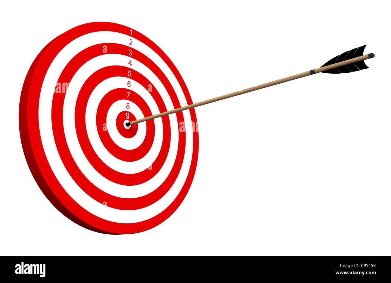 An arrow hitting the center of target Stock Photo