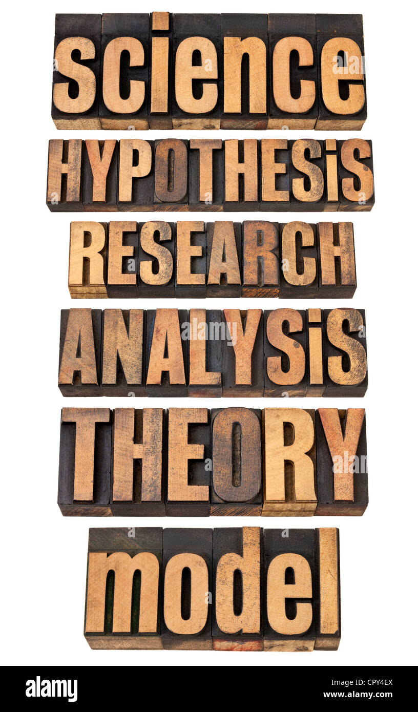 collage of isolated words in vintage letterpress wood type - hypothesis, research, analysis, theory, model Stock Photo