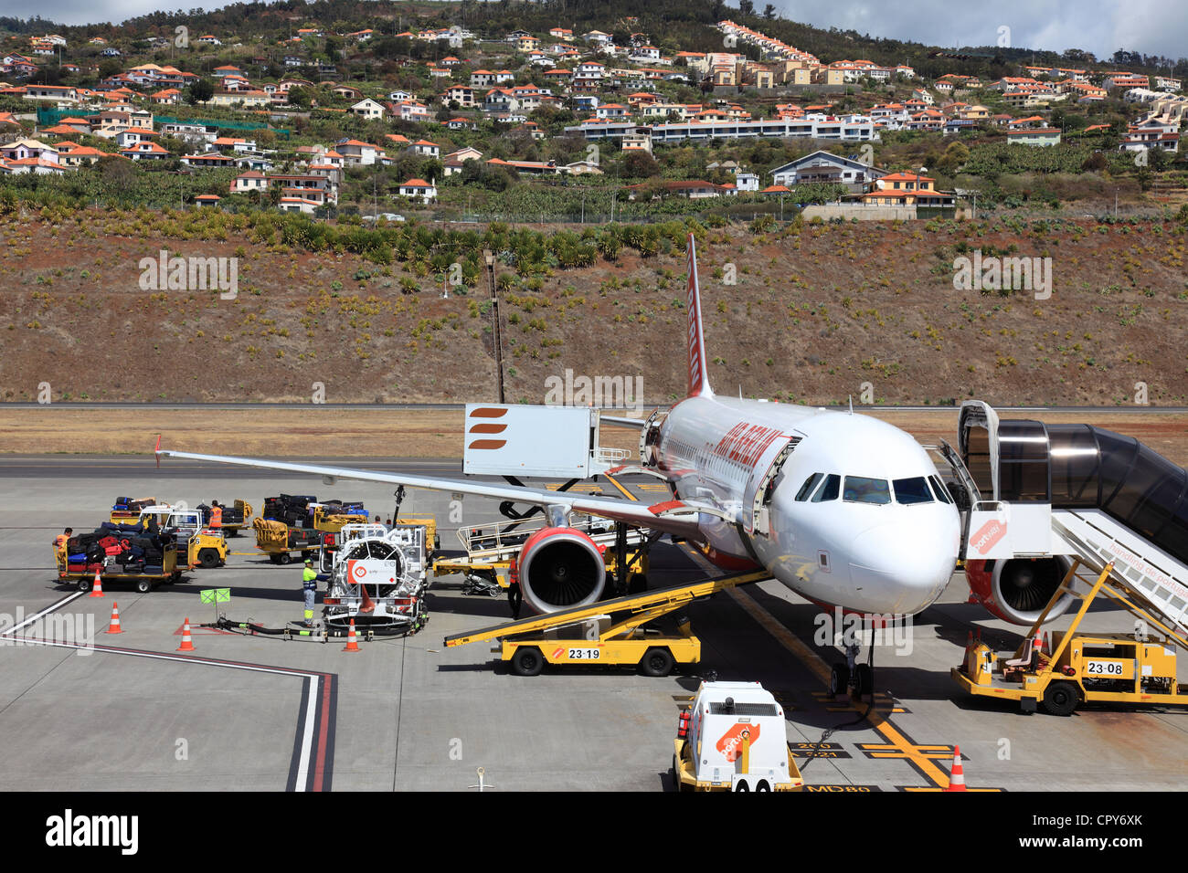 Air Berlin Aircraft at Funchal Airport  FNC, Madeira, Portugal, Europe. Photo by Willy Matheisl Stock Photo