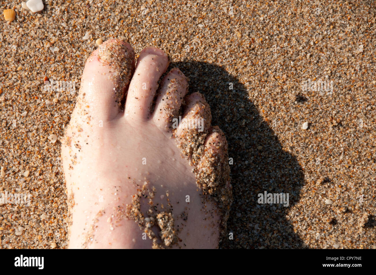 Man's foot in sand. Stock Photo