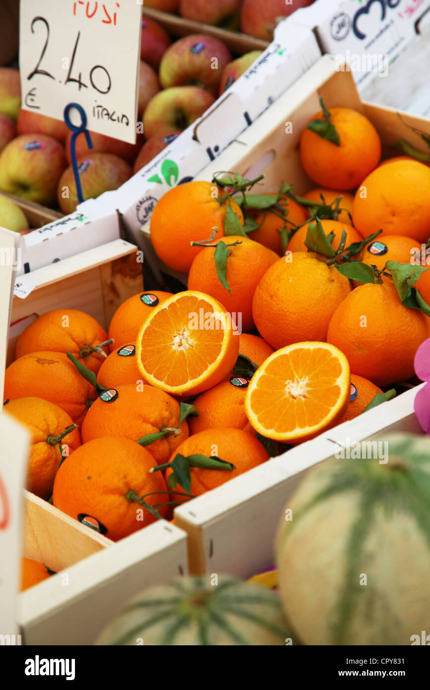 Fresh fruit and ripe oranges for sale at Lenno Market, Lake Como