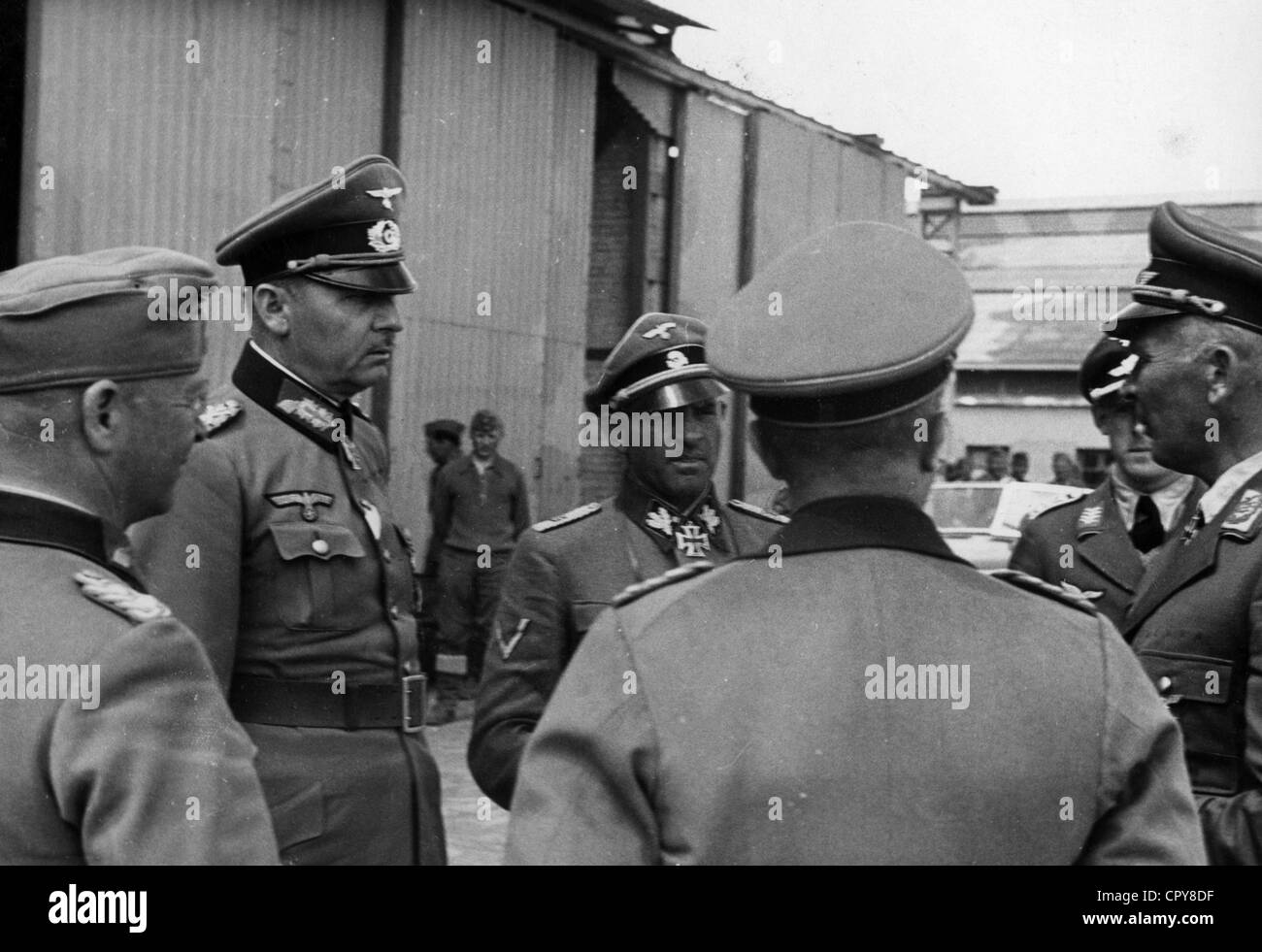 Dietrich, Josef 'Sepp'  28.5.1892 - 21.4.1966, German general (Waffen SS), half length, with Field Marshal Wilhelm List, General Wolfram von Richthofen, during the surrender conference, Larisa airport, 21.04.1941, Stock Photo