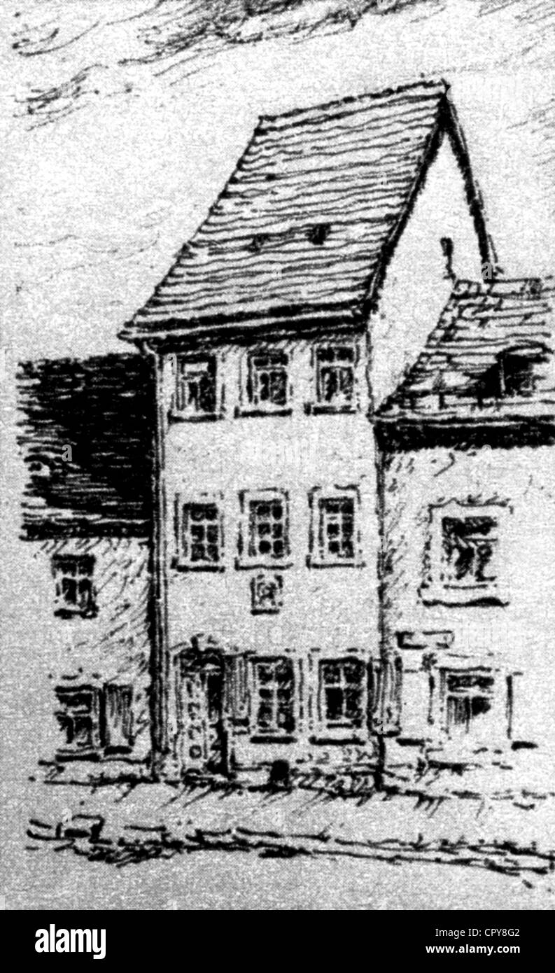 May, Karl, 25.2.1842 - 30.3.1912, German author / writer, his birth house in Ernstthal, drawing, Stock Photo