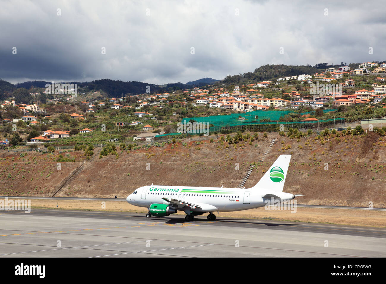Germanair charter aircraft on runway at Funchal Airport  FNC, Madeira, Portugal, Europe. Photo by Willy Matheisl Stock Photo