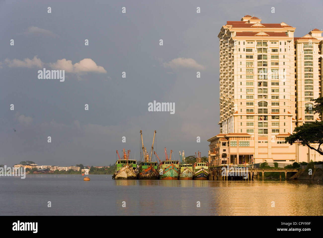 Malaysia, Borneo, Sarawak province, Kuching, view from the Sarawak River at dusk Stock Photo