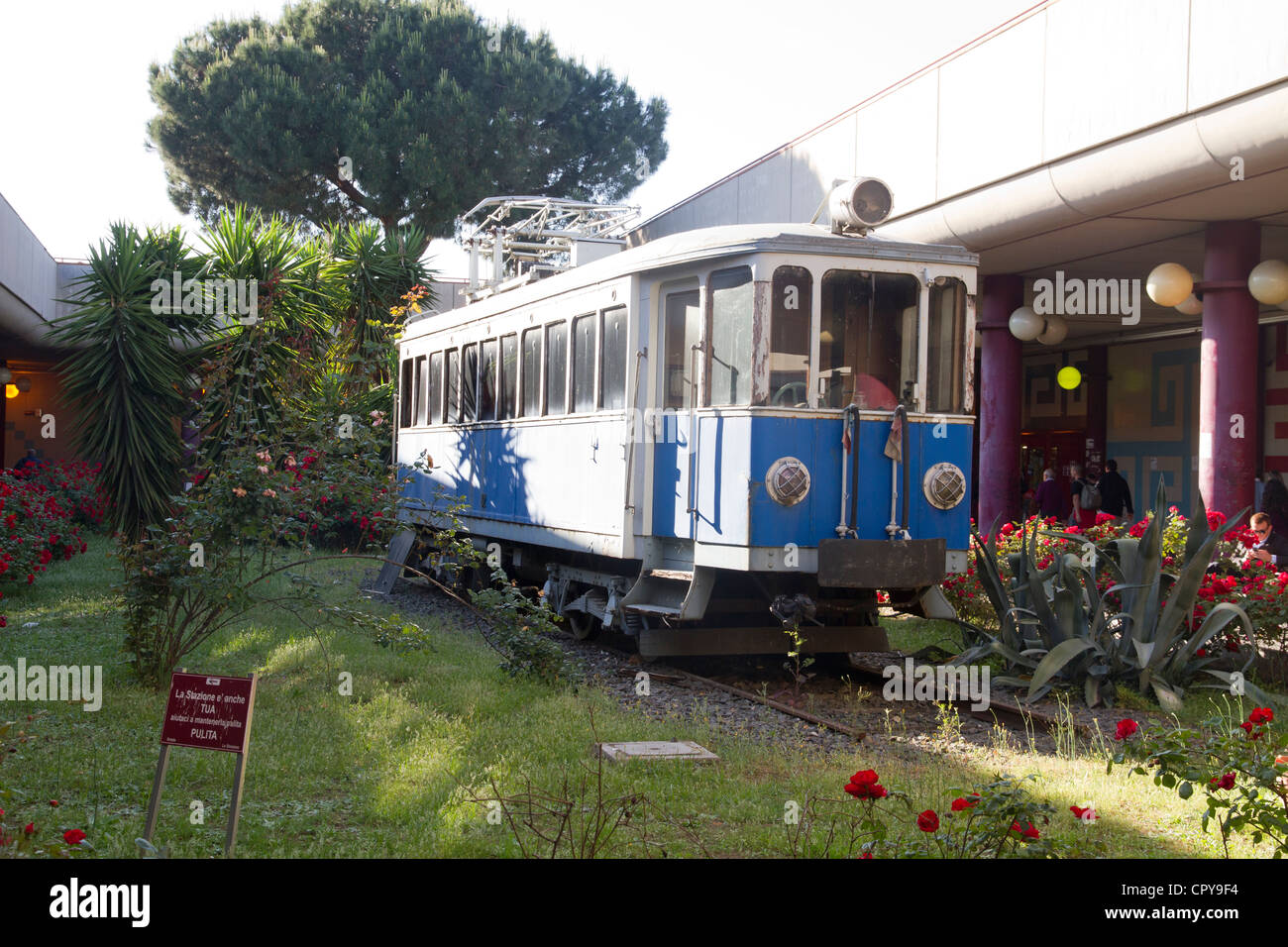 Old style tram train wagon standing displayed at Anagnina station in Rome Italy Stock Photo