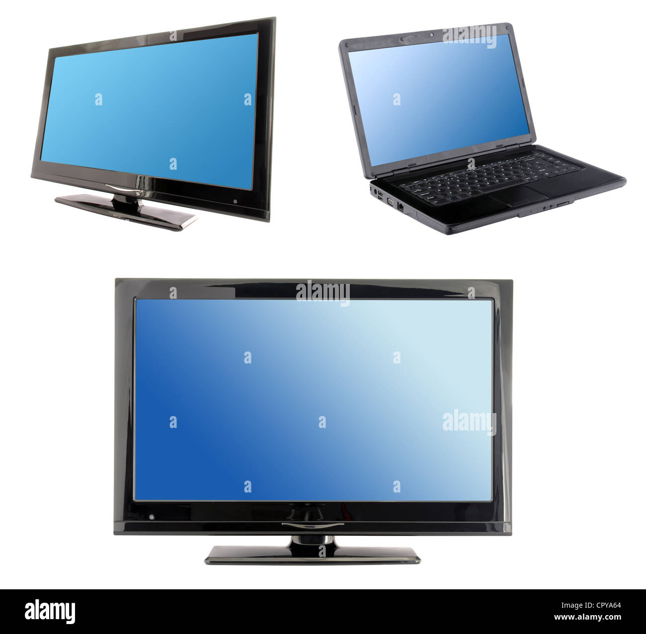 set of blue screens: lcd tv monitor and laptop Stock Photo