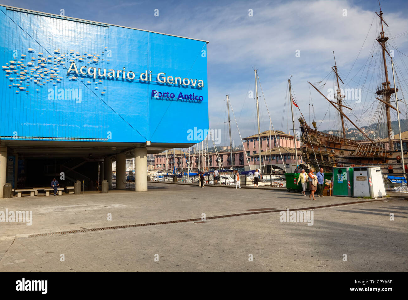 Aquarium of Genoa, Porto Antico, the background pirate ship Neptune, Liguria, Italy Stock Photo