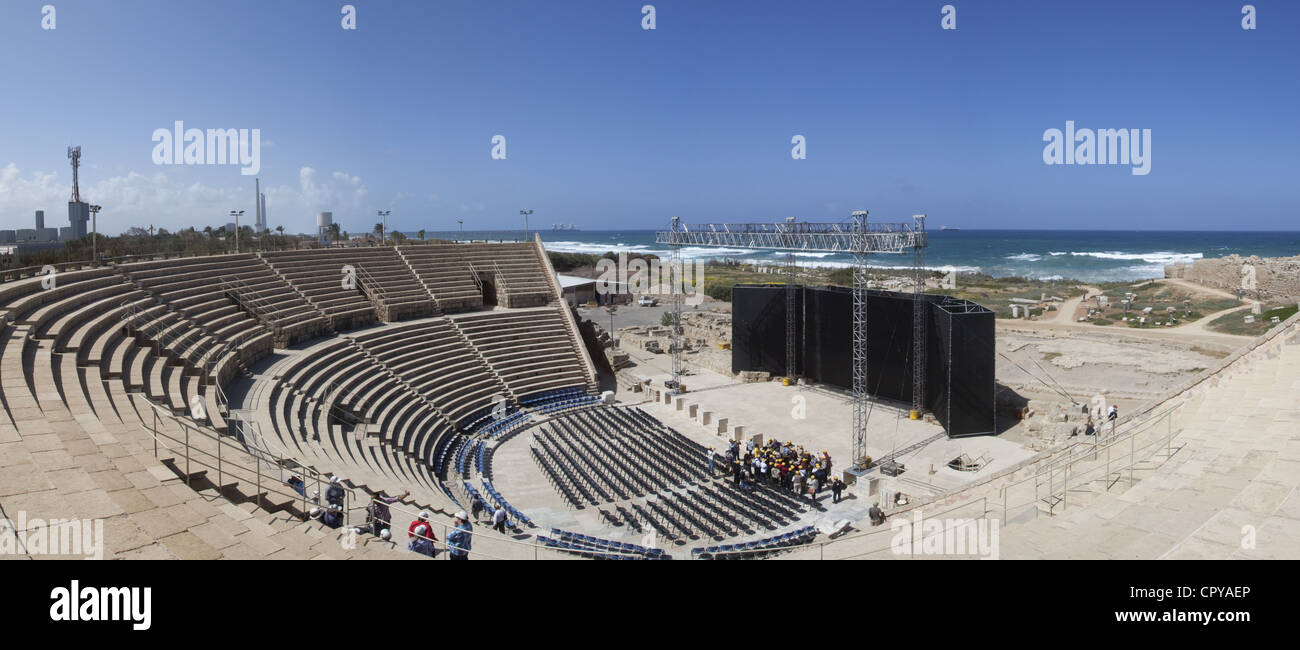 Panoramic view of the ancient Roman amphitheater and sound stage at Caesarea Maritima, Israel Stock Photo
