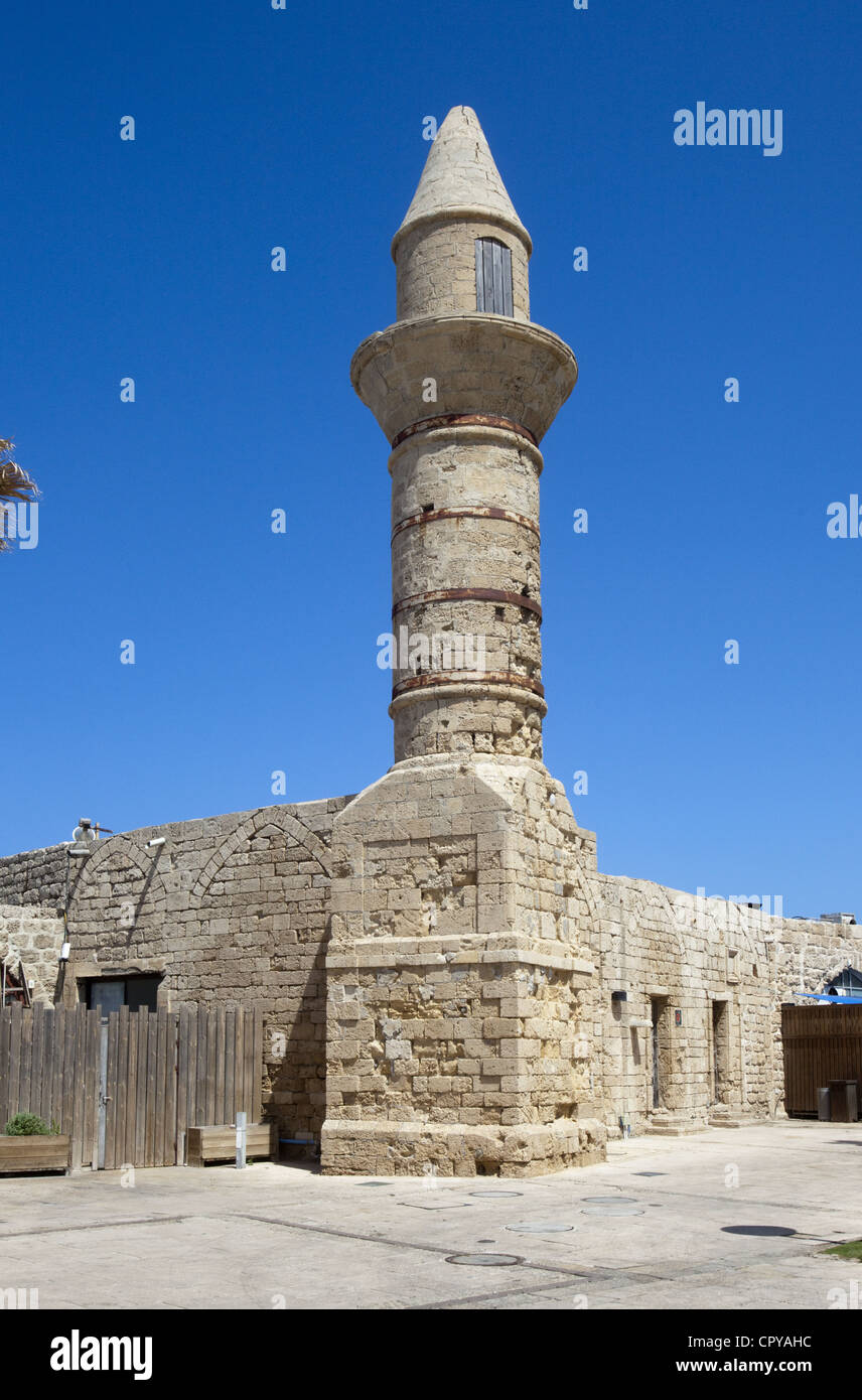 19th century Bosnian Mosque and minaret at Caesarea Maritima, Israel Stock Photo