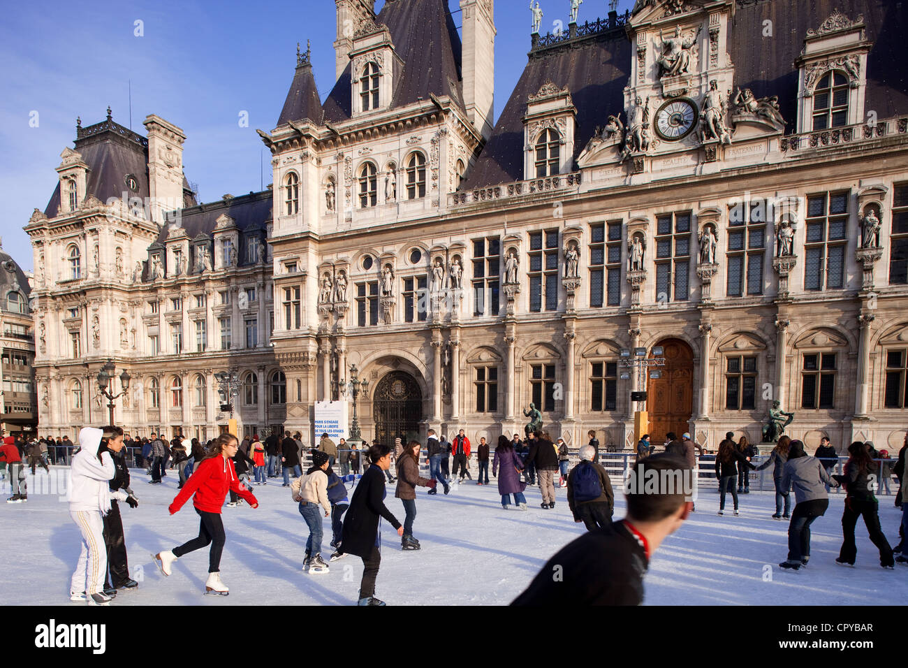 France, Paris, ice skating of Paris Hotel de Ville (City Hall) in