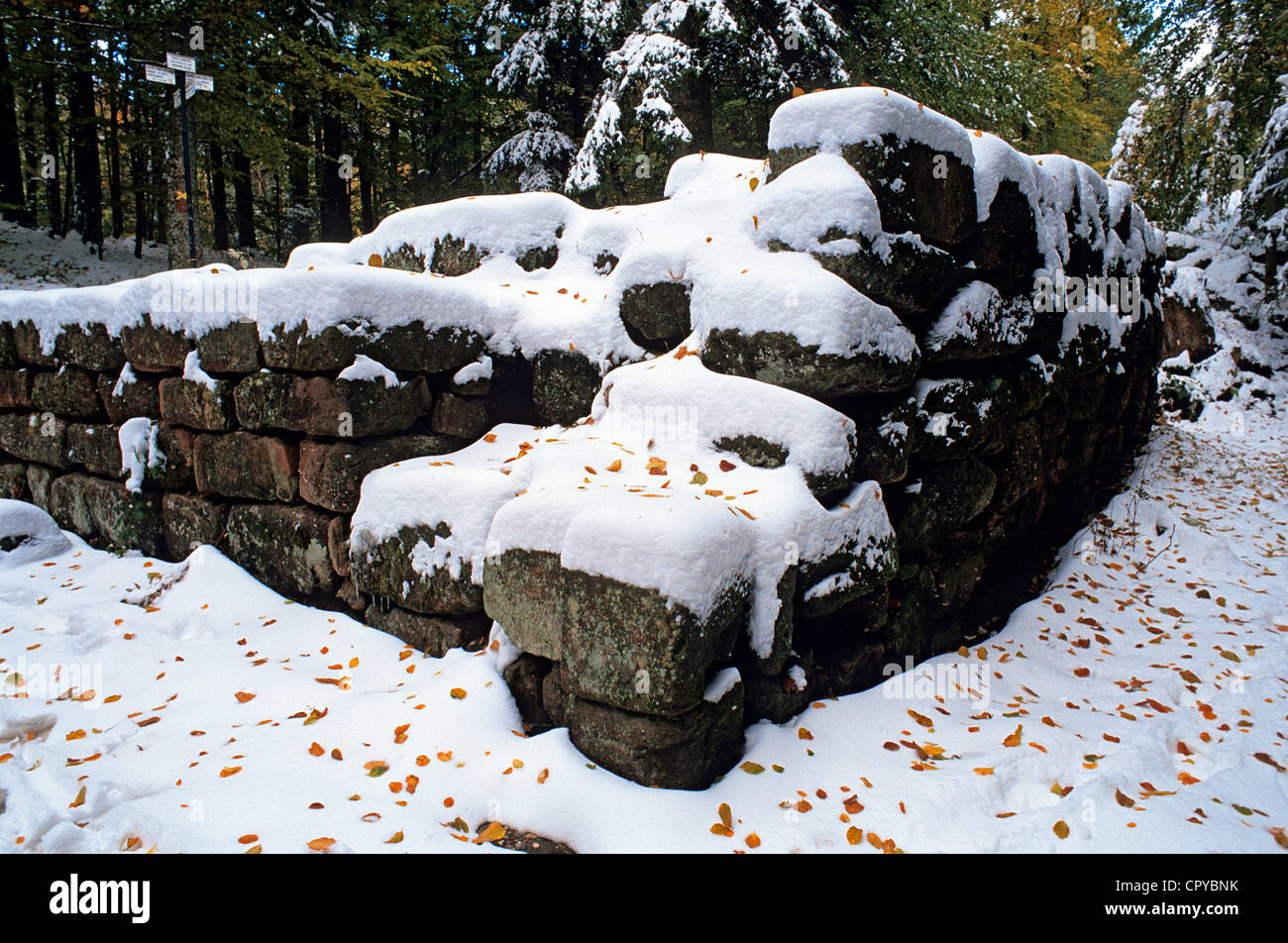 France, Bas-Rhin, Mont-Saint-Odile, mur païen (pagan wall) under the snow Stock Photo