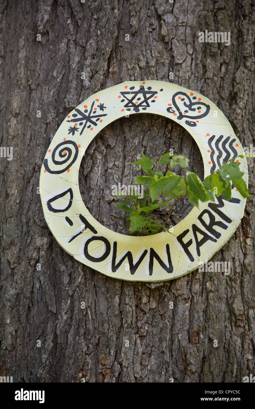 A sign at the entrance to D-Town Farm, a urban farm in Detroit's Rouge Park. Stock Photo
