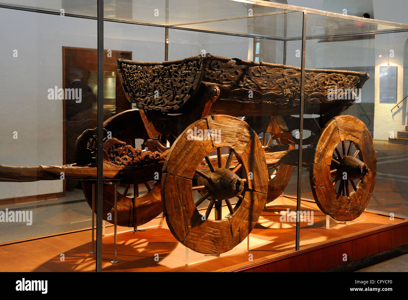 Norway, Oslo, Bygdoy Peninsula, Viking Boats Museum, objects found in Oseberg tomb of the 9th century, charriot Stock Photo