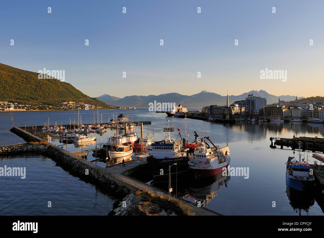 Norway, Troms County, Tromso harbour in Tromsesundet Fjord Stock Photo