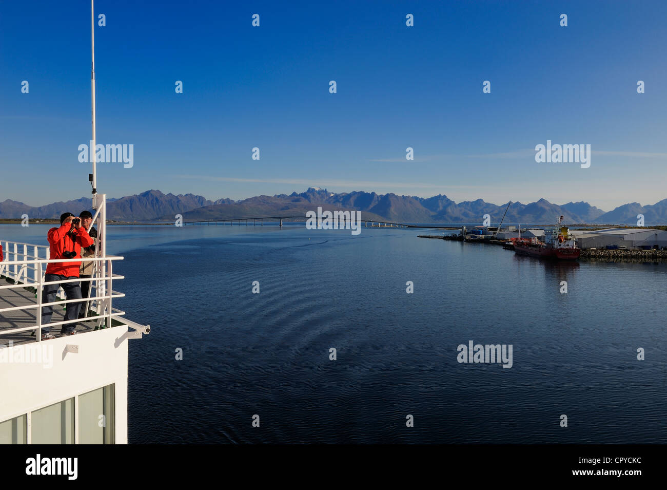 Norway, Nordland County, Vesteralen Islands, the Coastal Express (Hurtigruten) at Stokmarknes Stock Photo