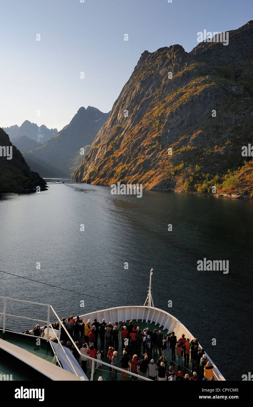 Norway, Nordland County, Lofoten Islands, Austvagoy Island, the Coastal Express (Hurtigruten) crossing Trollfjord, narrow fjord Stock Photo