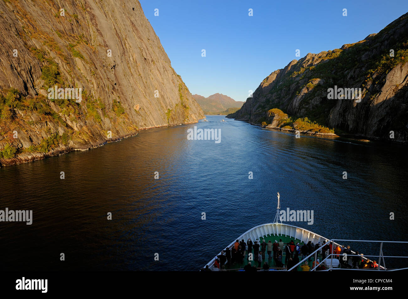 Norway, Nordland County, Lofoten Islands, Austvagoy Island, the Coastal Express (Hurtigruten) crossing Trollfjord, narrow fjord Stock Photo