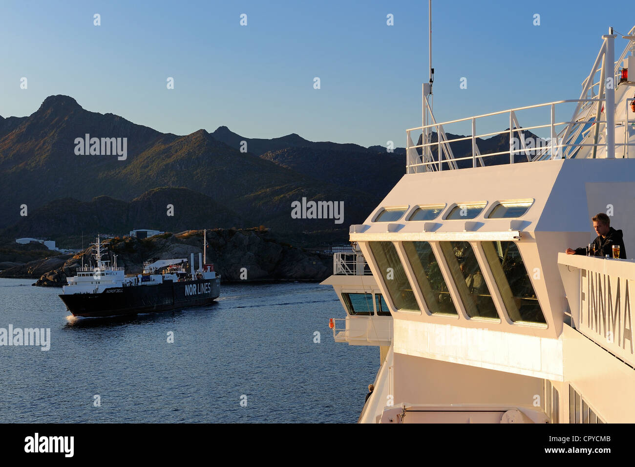 Norway, Nordland County, Lofoten Islands, Austvagoy Island, arrival of the Coastal Express (Hurtigruten) in Svolvaer harbour Stock Photo