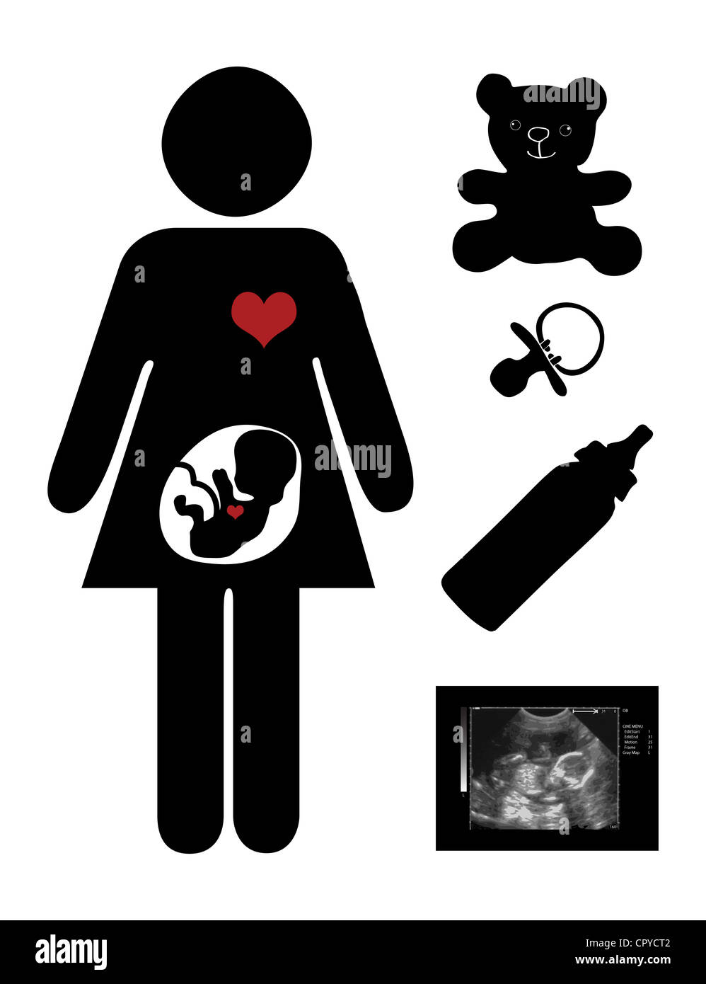 Pregnant mother and various accessories essential for the mother and the baby Stock Photo