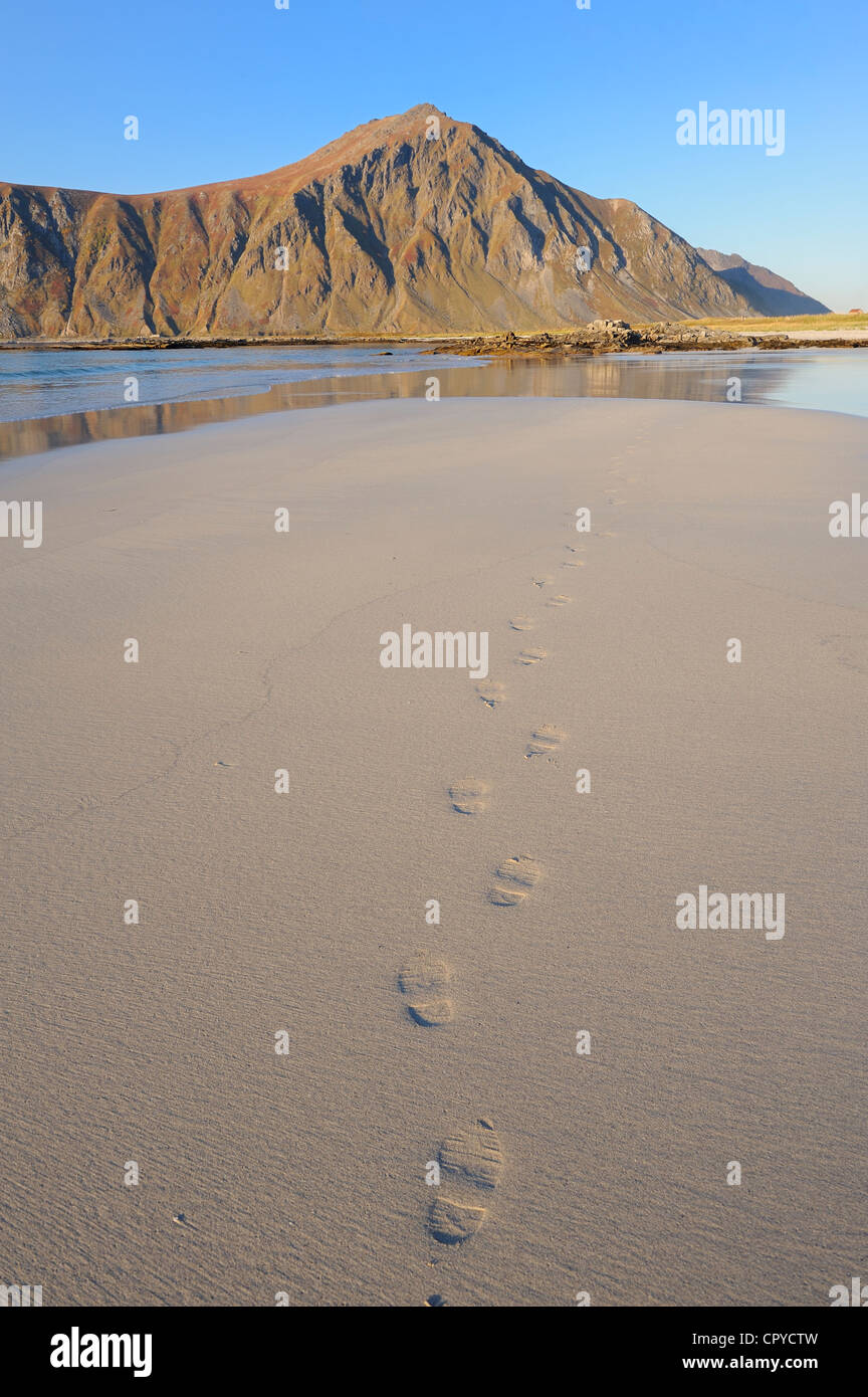 Norway, Nordland County, Lofoten Islands, Flakstadoy Island, Ramberg white sand beach Stock Photo