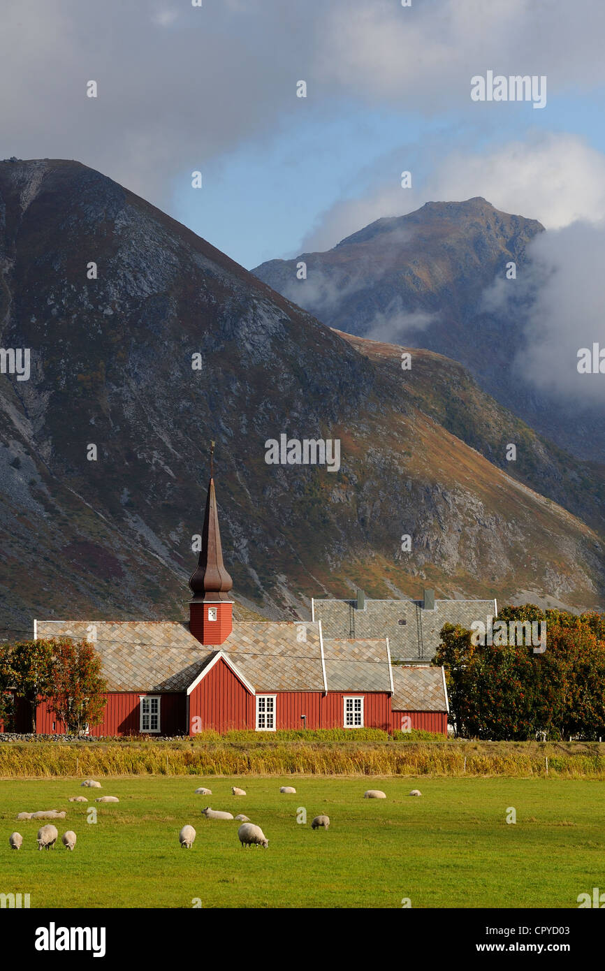 Norway, Nordland County, Lofoten Islands, Flakstadoy Island, Flakstad wooden church Stock Photo