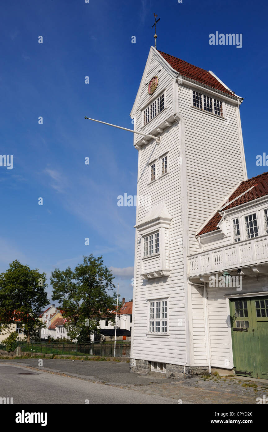Norway, Hordaland County, Bergen, wooden houses in Sandviken District, old fire station Stock Photo