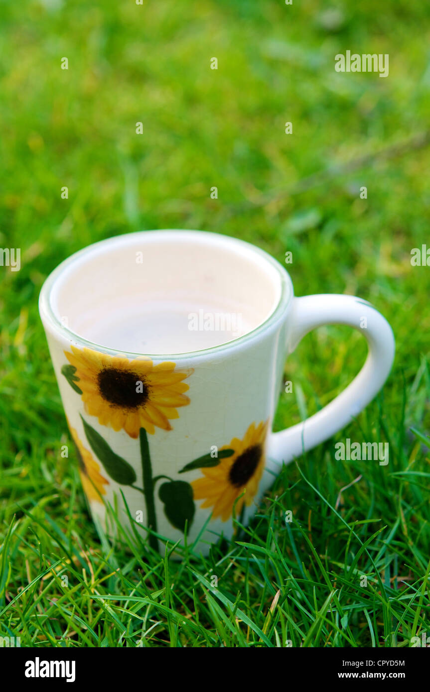 Cup of coffee with sunflower decoration on the lawn in the garden. Stock Photo