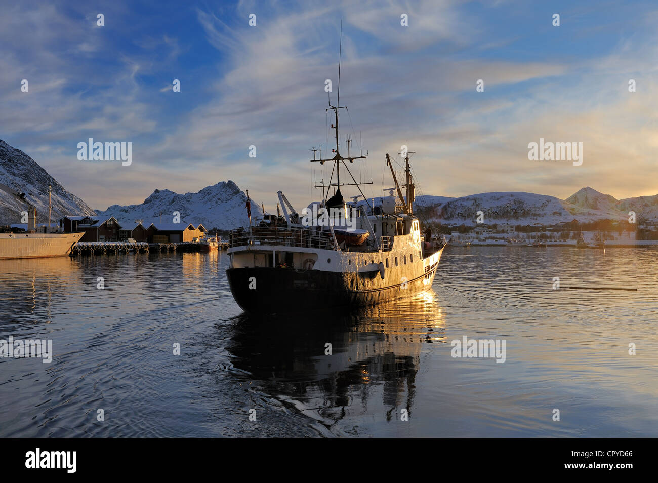 Norway, Nordland County, Vesteralen Islands, Myre harbour, Leonora Boat ...
