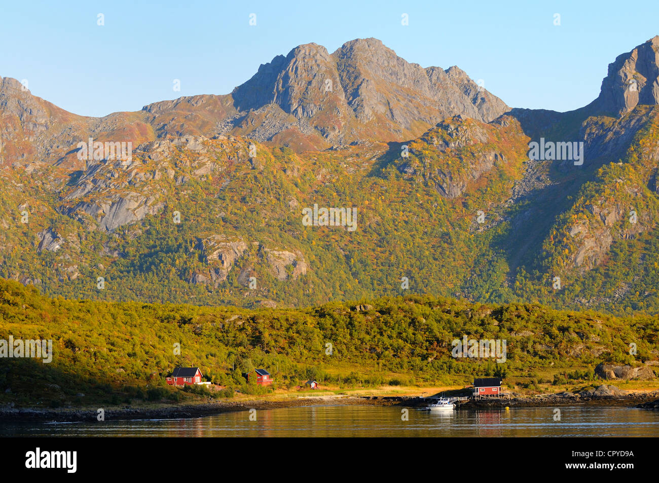 Norway, Nordland County, Raftsundet Strait separatig Austvagoy Island in Lofoten Islands of Hinnoya Island Stock Photo
