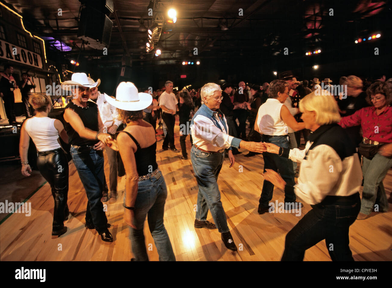 Canada, Quebec Province, Saint Tite, Western Festival, Line Dance lesson in the Grand Hall Stock Photo