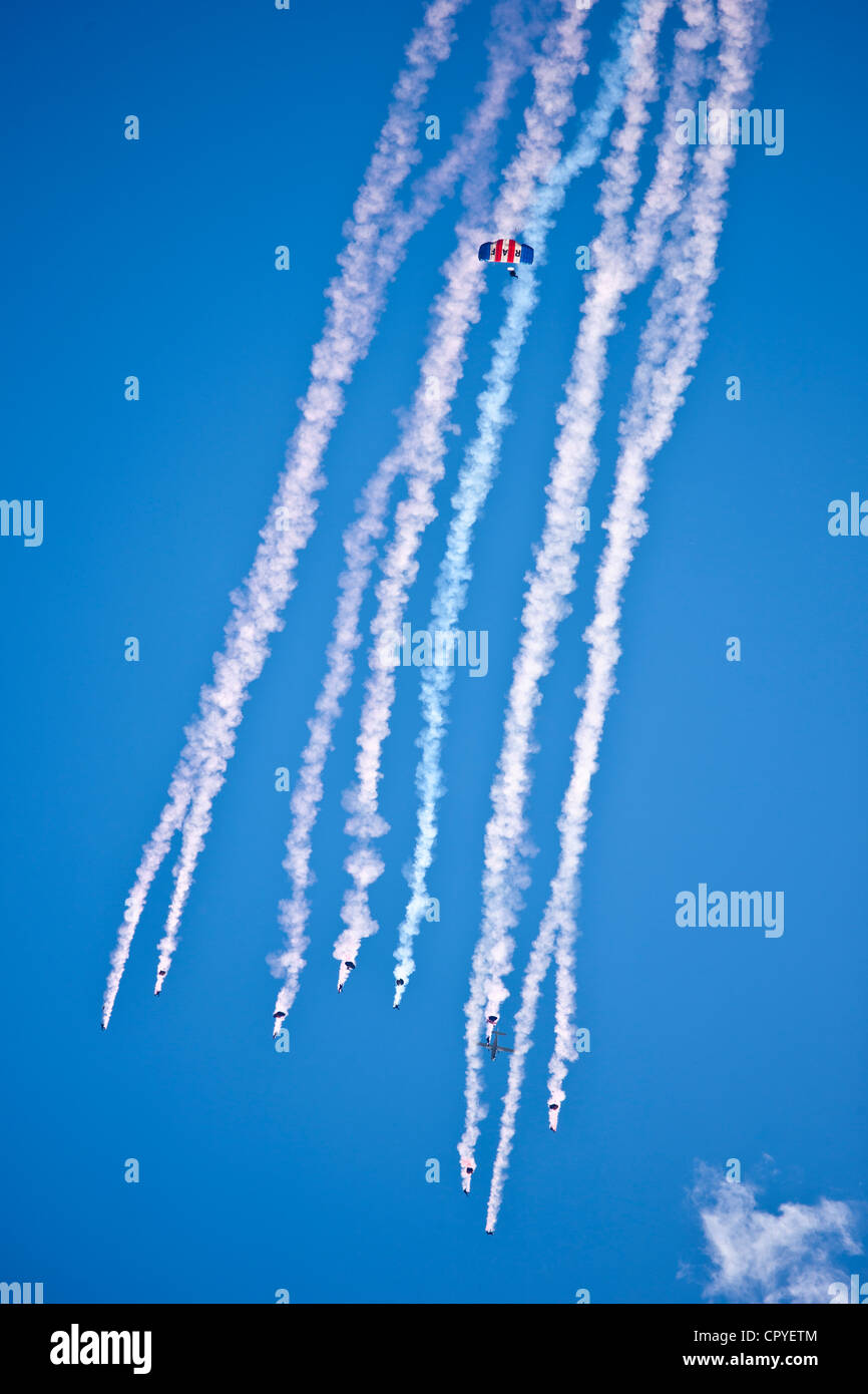 RAF Falcons freefall parachute team taking part in air display at RAF Brize Norton Air Base, UK Stock Photo