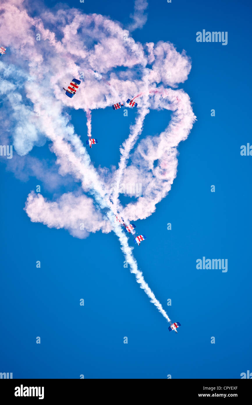 RAF Falcons freefall parachute team taking part in air display at RAF Brize Norton Air Base, UK Stock Photo