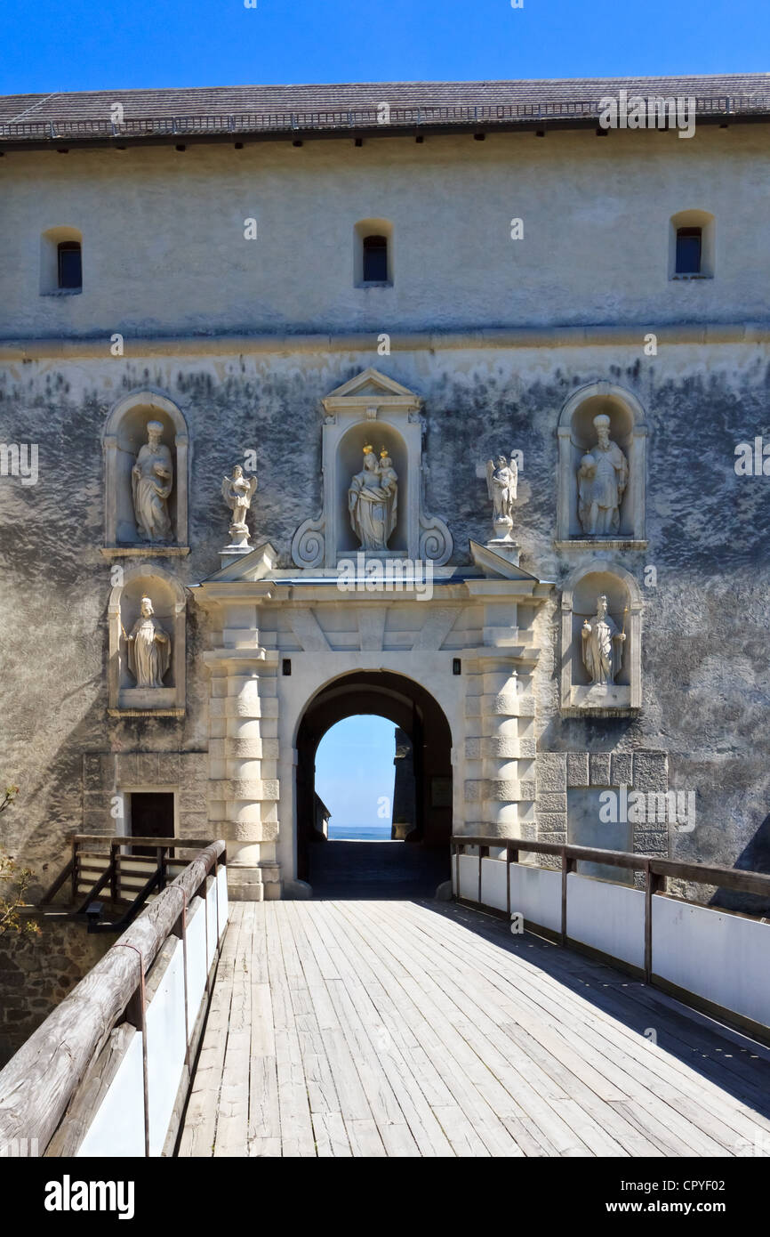 A bridge to an ornate gate of castle Forchtenstein Stock Photo