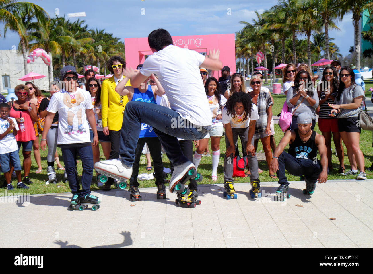 Miami Beach Florida,Collins Park,Evian Water,Live Young Skate On! bottled water product promotion event,jam skaters,performing,perform,dancing,audienc Stock Photo