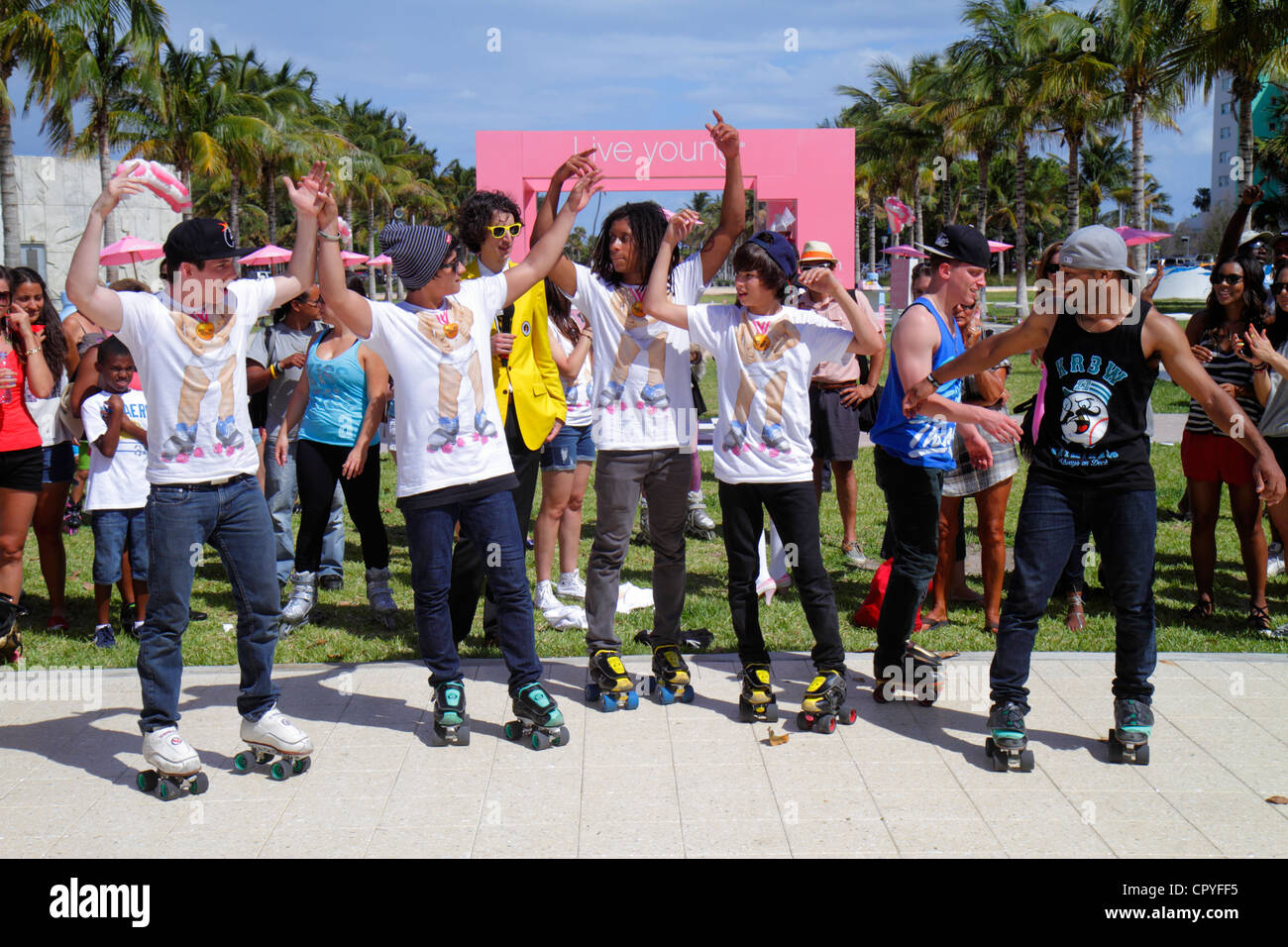 Miami Beach Florida,Collins Park,Evian Water,Live Young Skate On! bottled water product promotion event,jam skaters,performing,perform,dancing,audienc Stock Photo