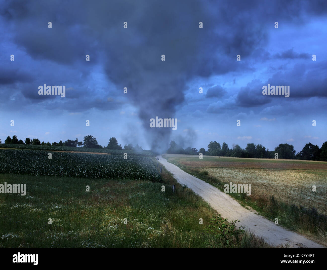 tornado twister on the road Stock Photo