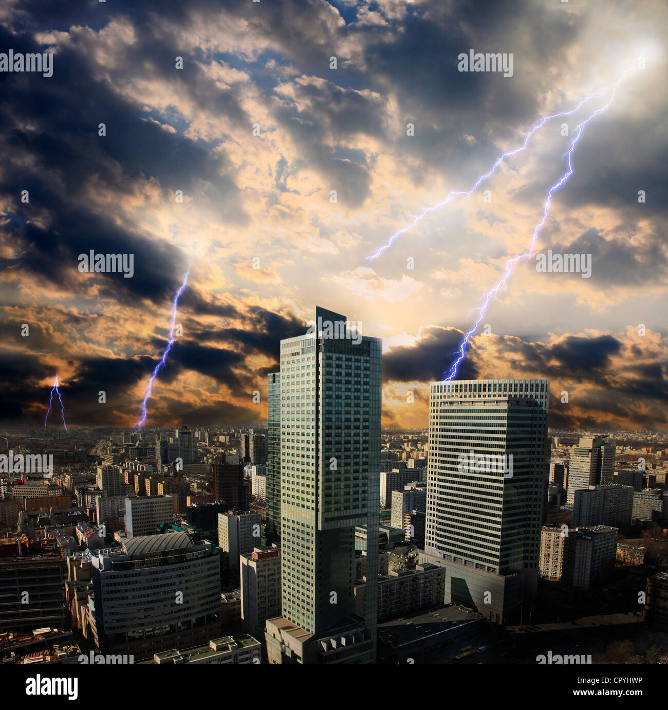 Apocalypse lightning storm in the city in Warsaw Stock Photo
