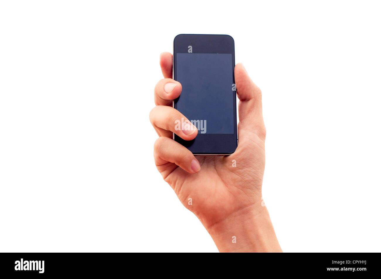 isolated hand holding smartphone or phone, with clipping path in jpg. Stock Photo