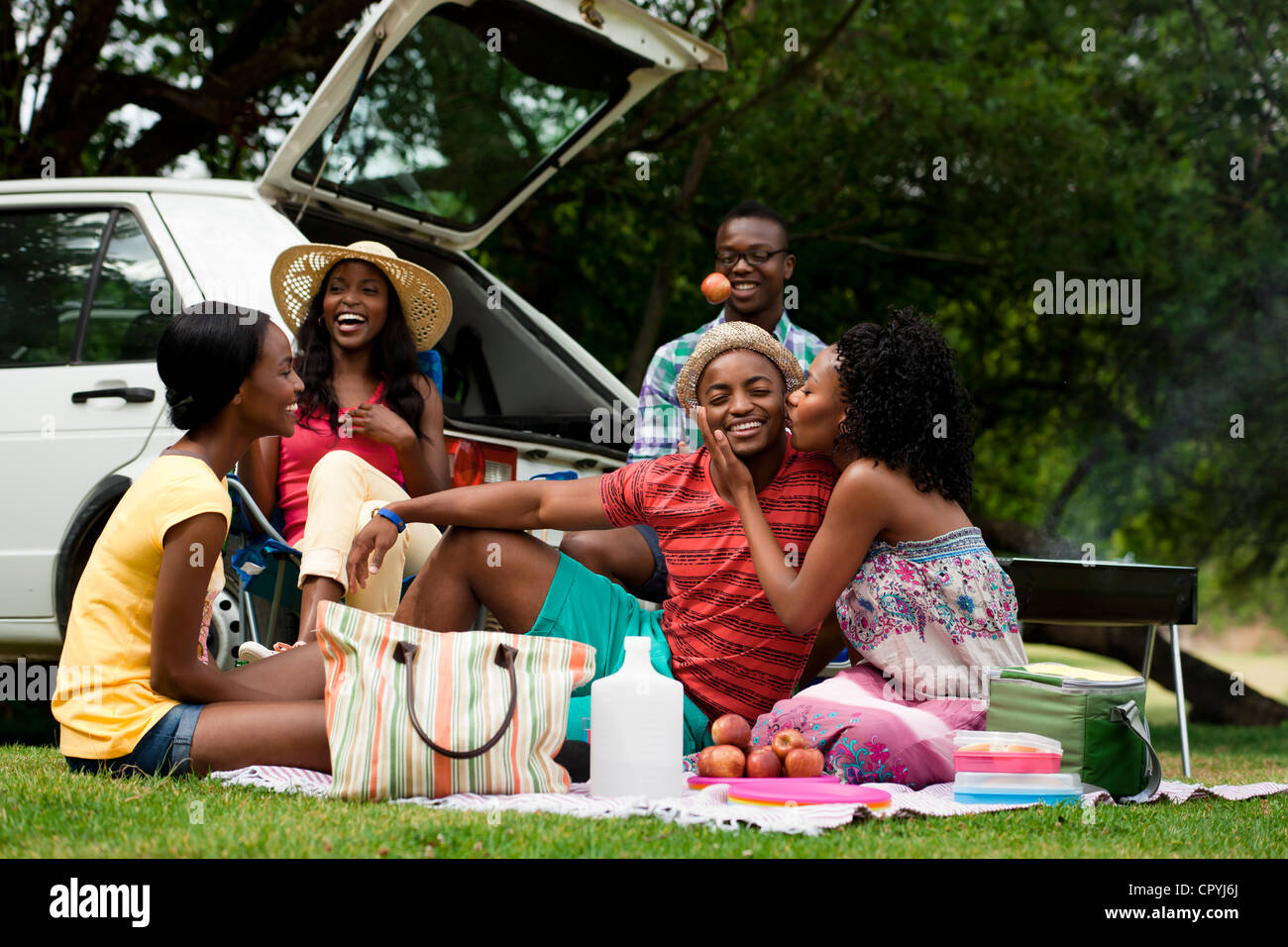 5 young black adults have a picnic in a park Stock Photo Alamy