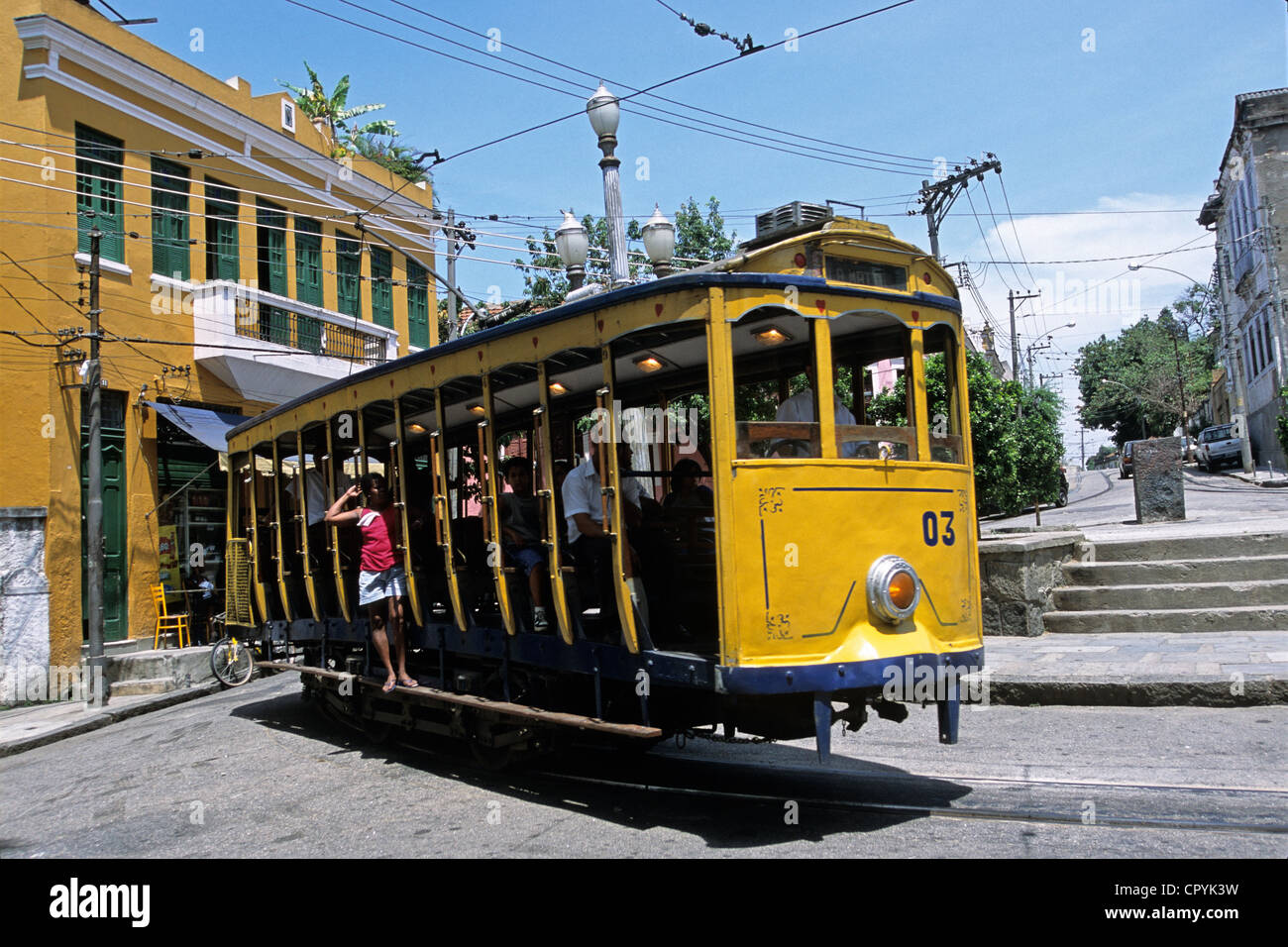 Brazil, Rio de Janeiro, Santa Teresa District, yellow tramway going to downtown Stock Photo