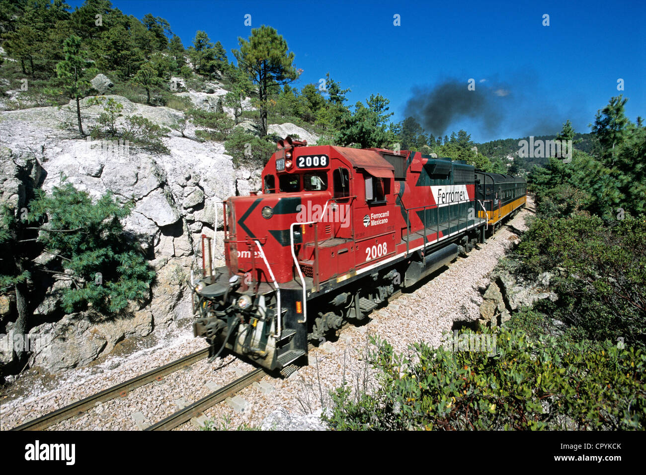 Mexico, Chihuahua State, after Creel, El Chepe goes to Divisadero Station at the edge of Copper Canyon Stock Photo