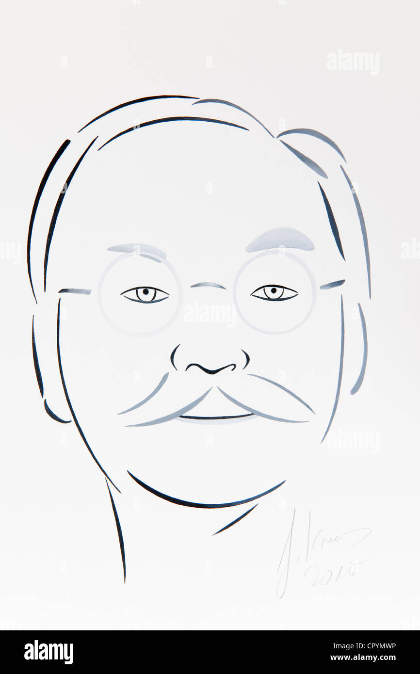 Face, portrait, man with round glasses, drawing by Gerhard Kraus