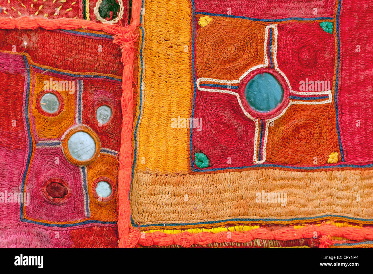 Traditional wall hanging from Rajasthan, detail view, with inlaid mirrors, Rajasthan, India, Asia Stock Photo