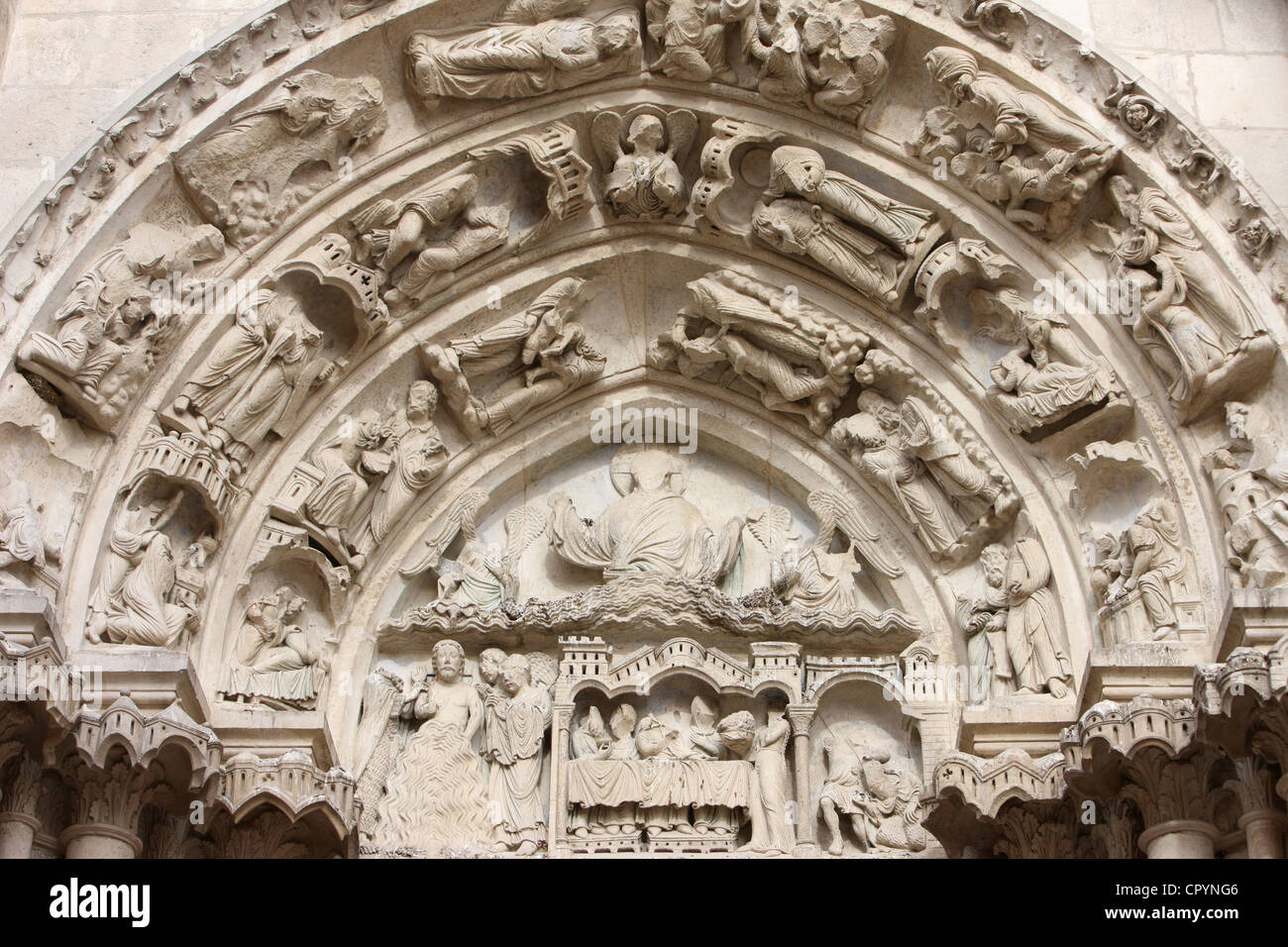 St. John the Baptist's gate tympanum, St. Stephen's Cathedral, Sens, Yonne, Burgundy, France, Europe Stock Photo