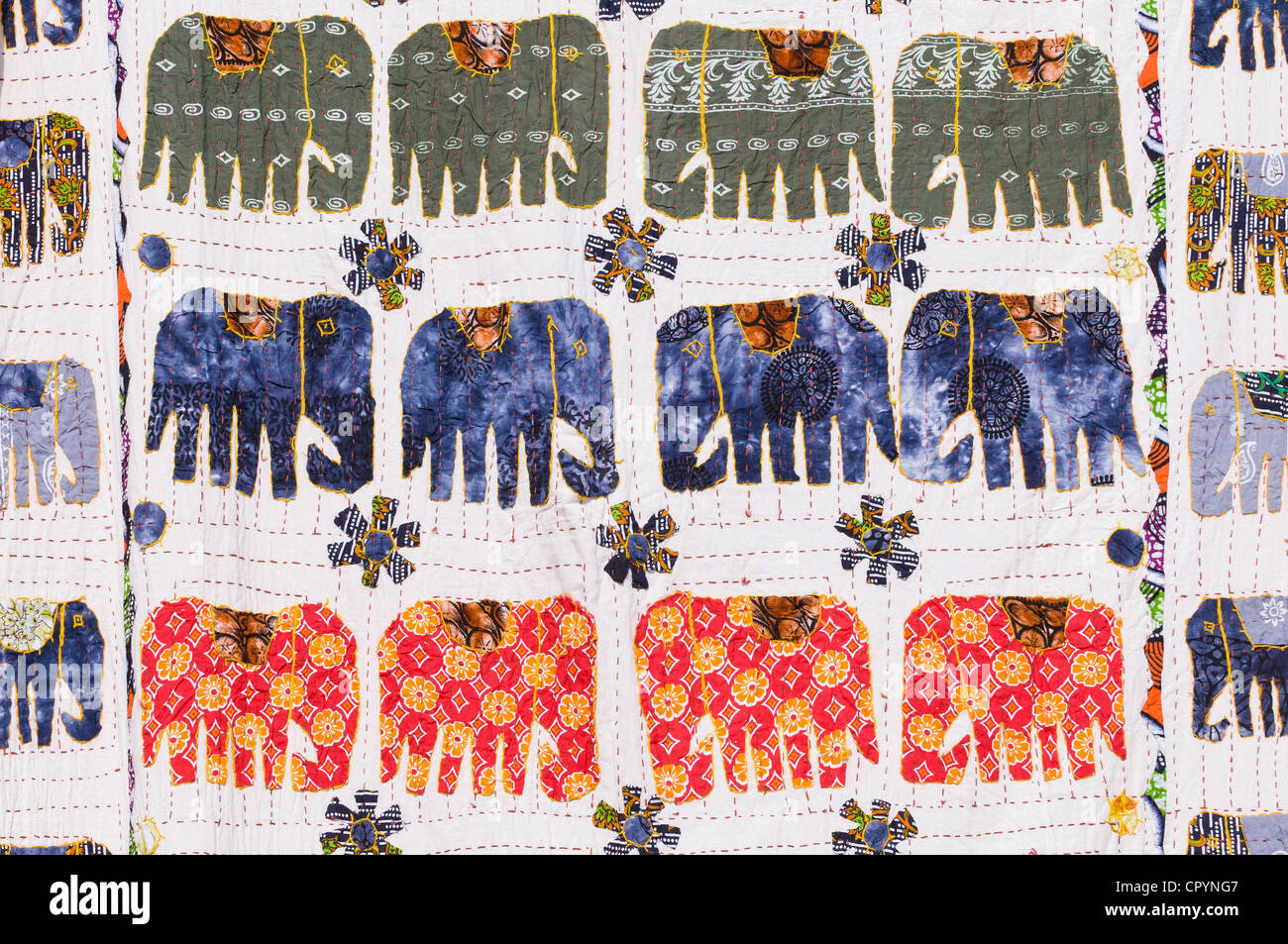 Blanket with sewn-on elephants, Jaipur, Rajasthan, India, Asia Stock Photo